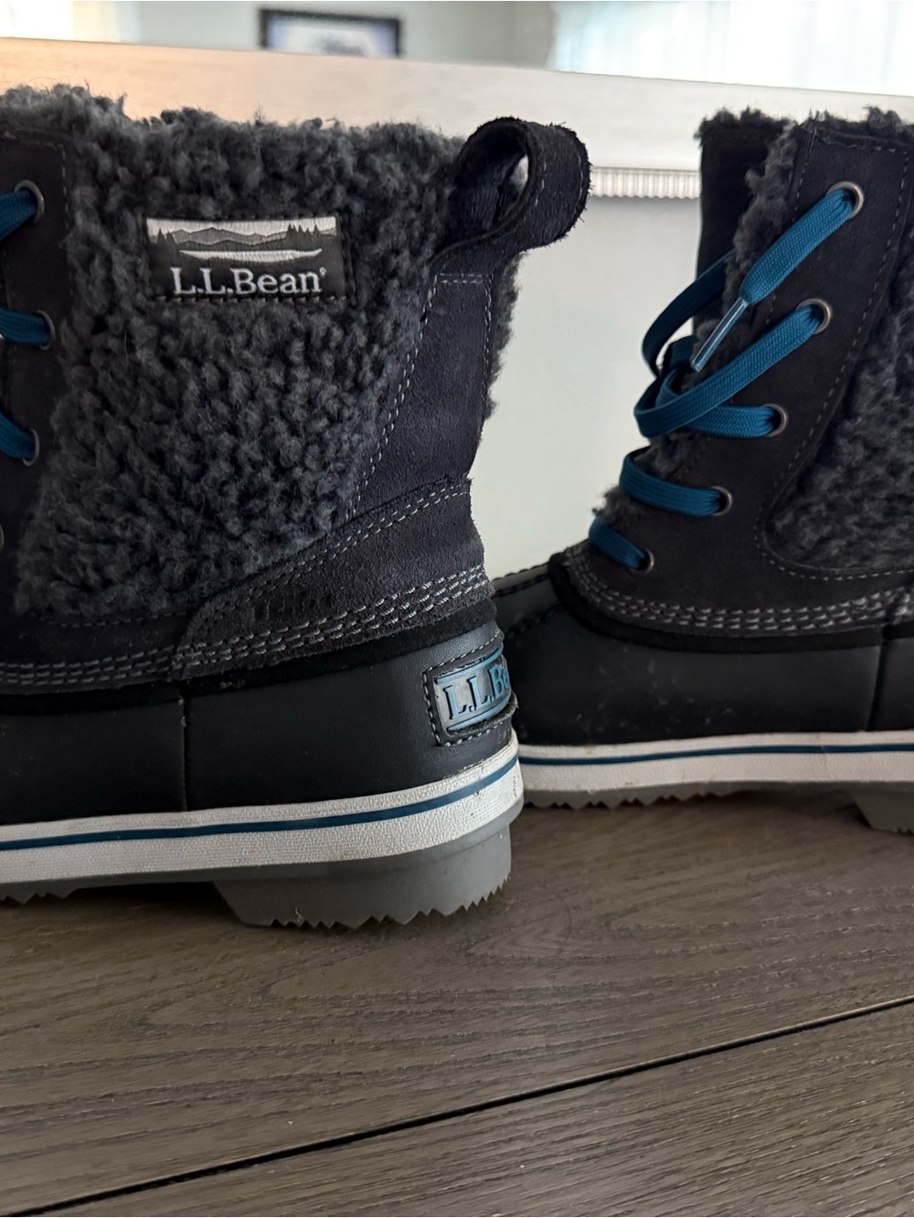 L.L. Bean Fleece-Trim Winter Boots in Gray with Blue Laces